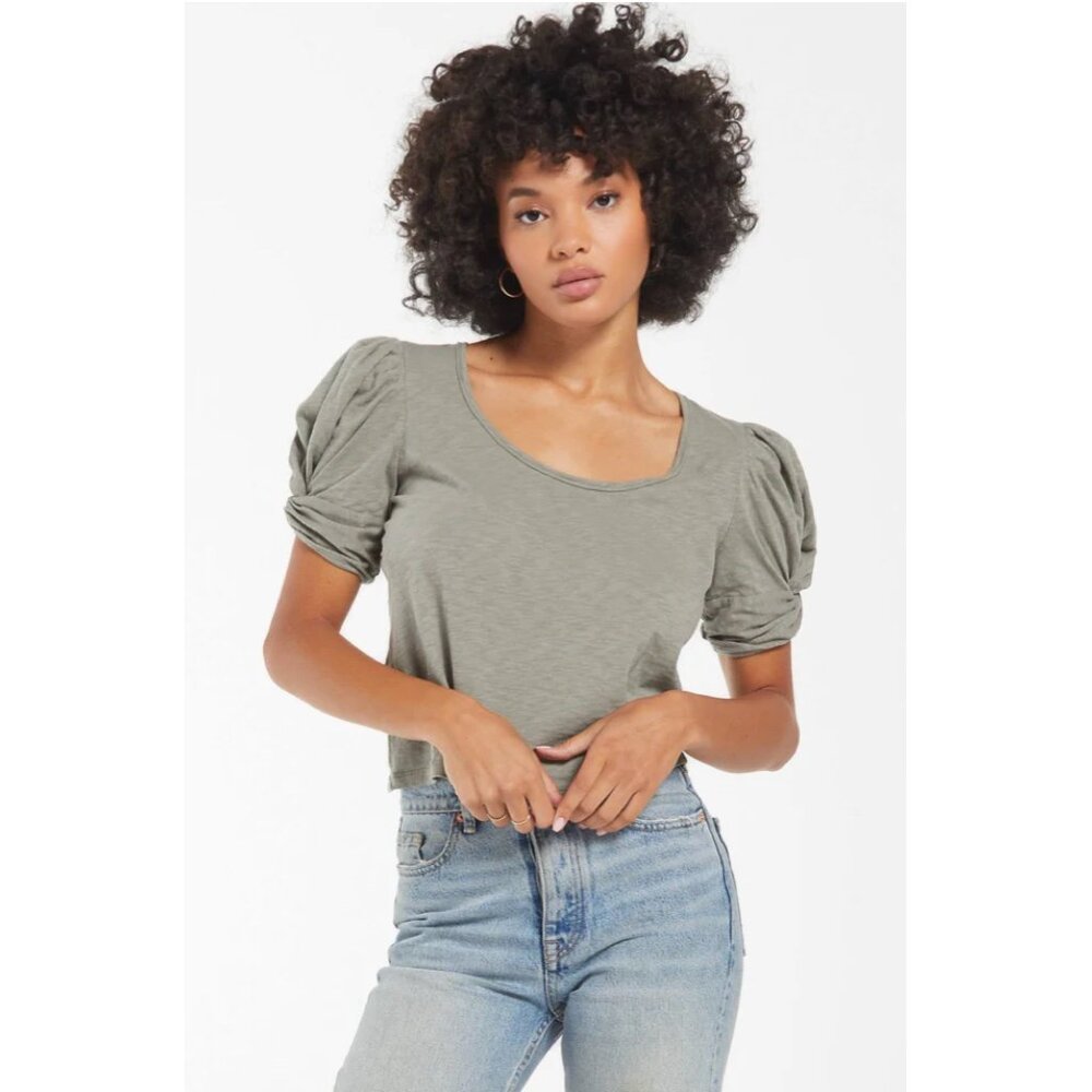 Z Supply Olive Puff Sleeve Scoop Neck Top